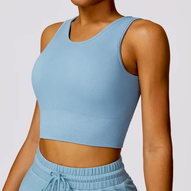 High Strength Sport Bra Women Rib-Knit Yoga Vest Round Neck Athletic