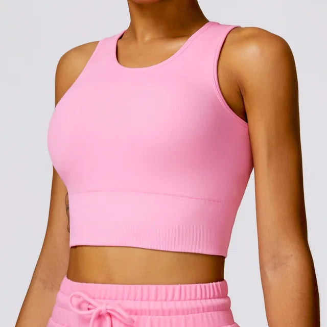 High Strength Sport Bra Women Rib-Knit Yoga Vest Round Neck Athletic