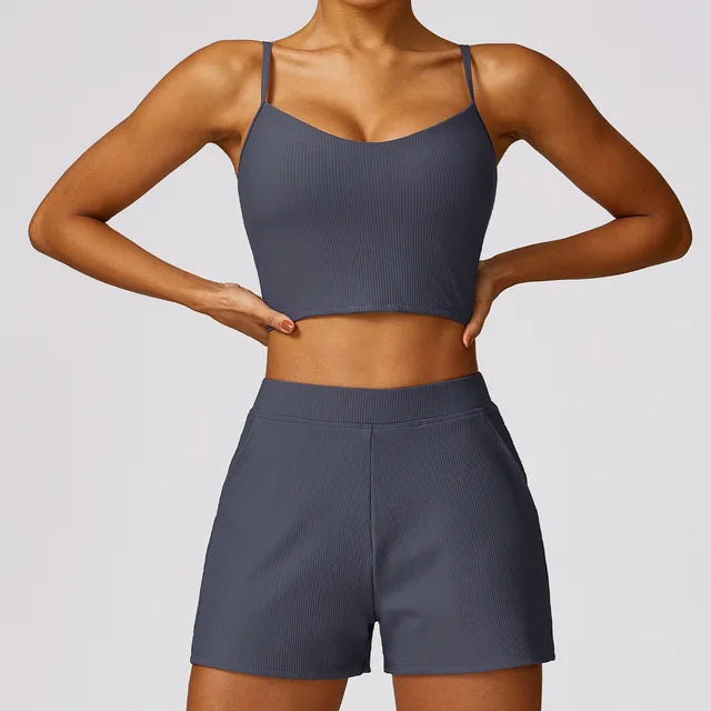 Women Tracksuit 2PCS Yoga Set Ribbed Workout Sportswear Gym Clothing