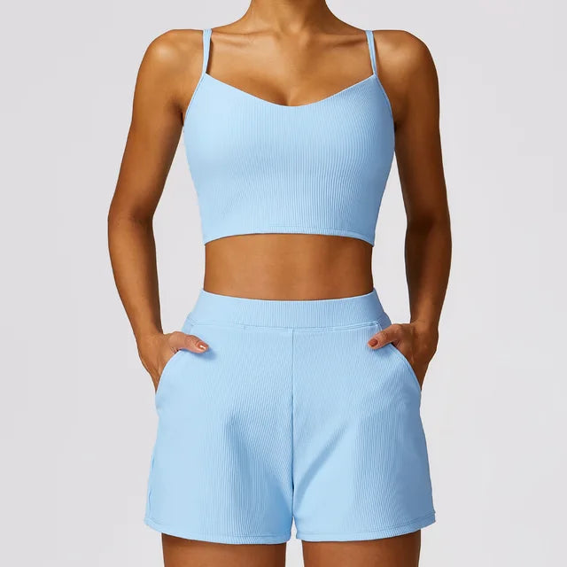 Women Tracksuit 2PCS Yoga Set Ribbed Workout Sportswear Gym Clothing