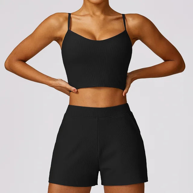 Women Tracksuit 2PCS Yoga Set Ribbed Workout Sportswear Gym Clothing